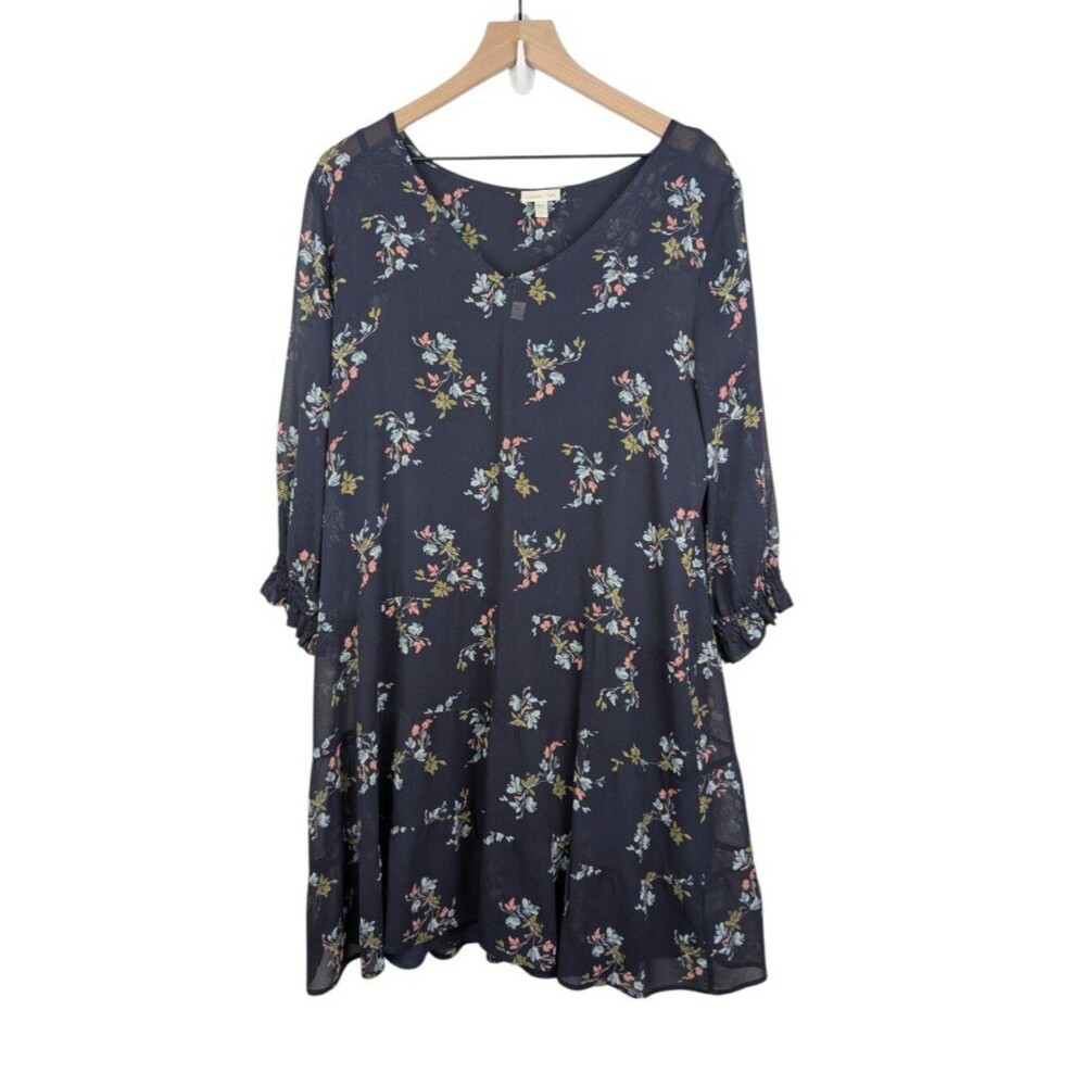 Garnet Hill | Floral Tiered Silk Dress | Size 14 | Navy Blue Multicolor Print - Picture 2 of 11